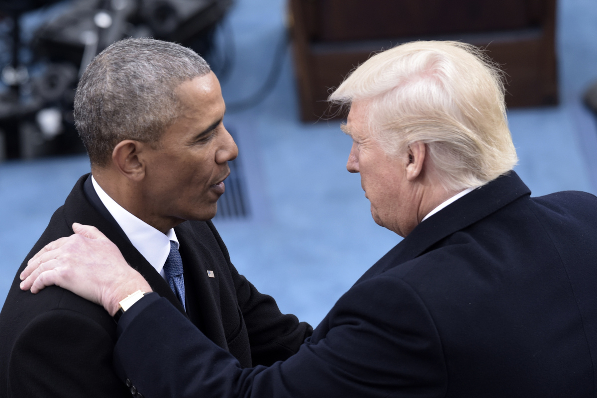  President Barack Obama and President-elect Donald Trump are seen at Trump’s swearing-in ceremony in front of the U.S. Capitol on January 20, 2017. 