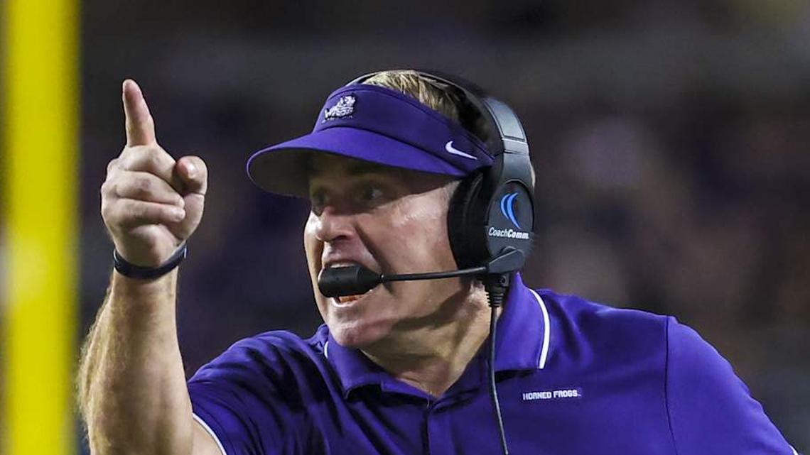  Oct 23, 2021; Fort Worth, Texas, USA; TCU Horned Frogs head coach Gary Patterson reacts during the first half against the West Virginia Mountaineers at Amon G. Carter Stadium. | Kevin Jairaj-Imagn Images 