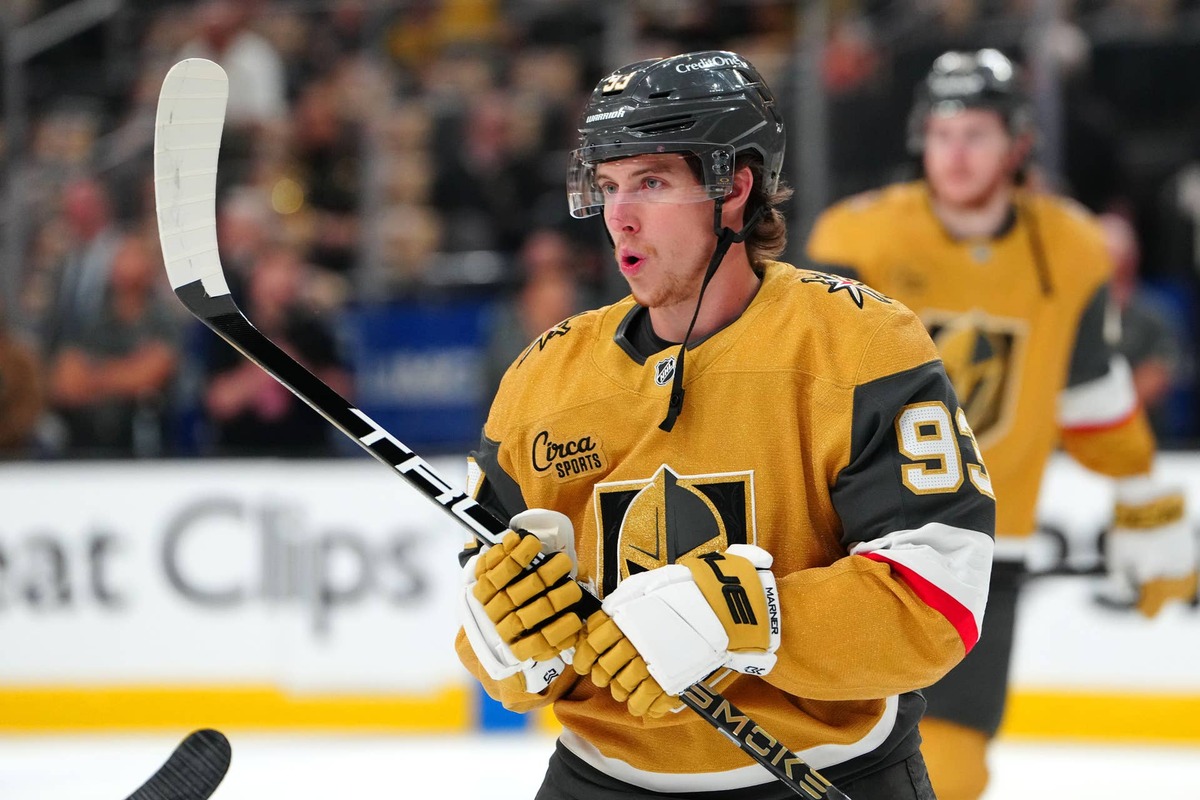  Vegas Golden Knights right wing Mitch Marner (93) in the 2026 Stanley Cup Playoffs at T-Mobile Arena. Stephen R. Sylvanie-Imagn Images