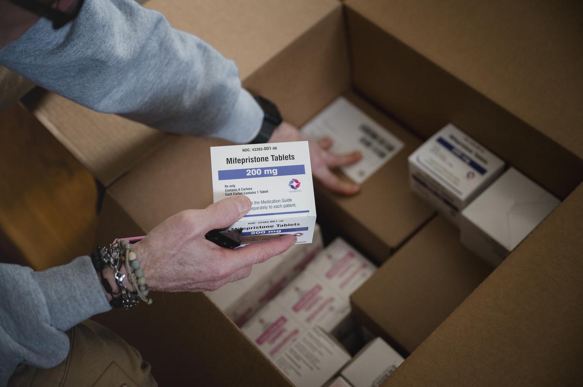 Packages of the abortion pill mifepristone in Newark, Del., March 12, 2025. Two manufacturers of the abortion pill mifepristone asked the Supreme Court on Saturday to immediately restore full access to the medication, putting the contentious issue of abortion back before the justices in an election year. (Hannah Yoon/The New York Times)