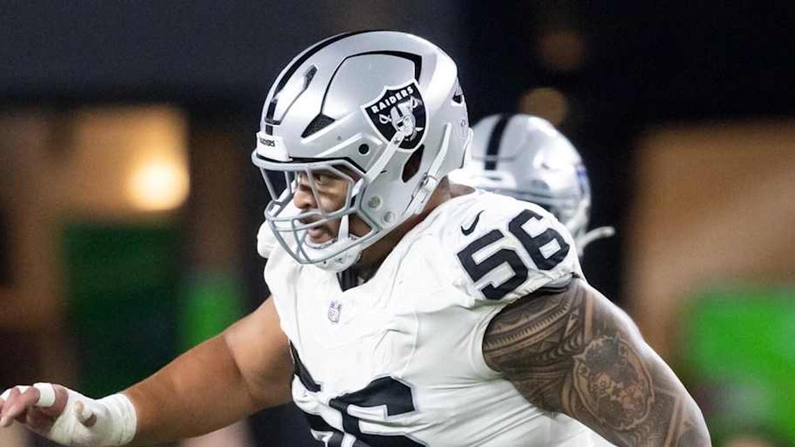 Aug 23, 2025; Glendale, Arizona, USA; Las Vegas Raiders guard Atonio Mafi (56) against the Arizona Cardinals during a preseason NFL game at State Farm Stadium. Mandatory Credit: Mark J. Rebilas-Imagn Images | Mark J. Rebilas-Imagn Images 