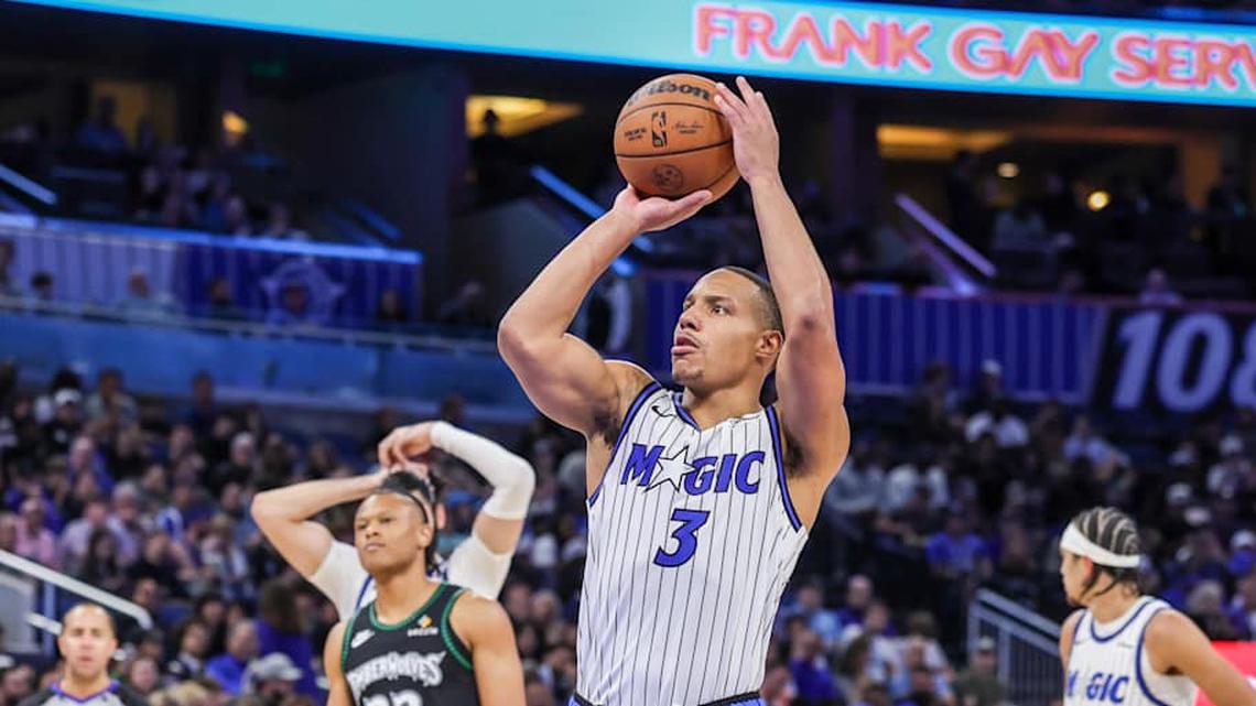  Apr 8, 2026; Orlando, Florida, USA; Orlando Magic guard Desmond Bane (3) shoots a free throw on a technical foul against Minnesota Timberwolves head coach Chris Finch during the second half at Kia Center. | Mike Watters-Imagn Images 