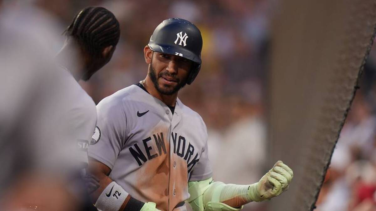  Jun 25, 2026; Boston, Massachusetts, USA; New York Yankees left fielder José Caballero (72) reacts at the dugout after hitting a home run against the Boston Red Sox in the fourth inning at Fenway Park. Mandatory Credit: David Butler II-Imagn Images | IMAGN IMAGES via Reuters Connect 
