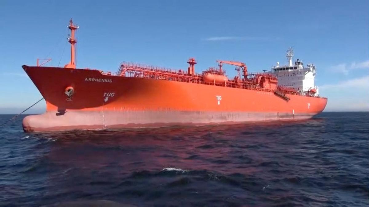 The Liberia-flagged tanker Arrhenius at sea, in this still image from video released by Russian state media on May 25, 2026. Russian State Media/Handout via REUTERS
