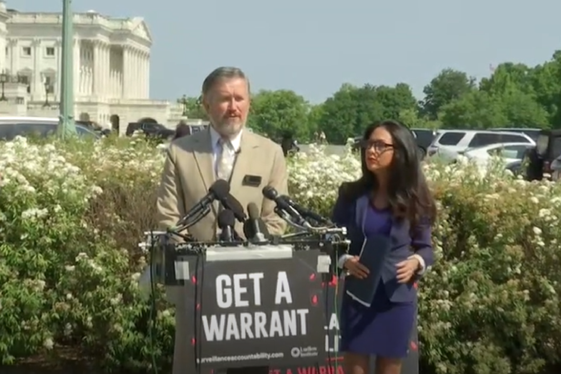  Representatives Thomas Massie of Kentucky and Lauren Boebert of Colorado, both Republicans, announced their Surveillance Accountability Act on Thursday, April 23, 2026. (via C-Span) 