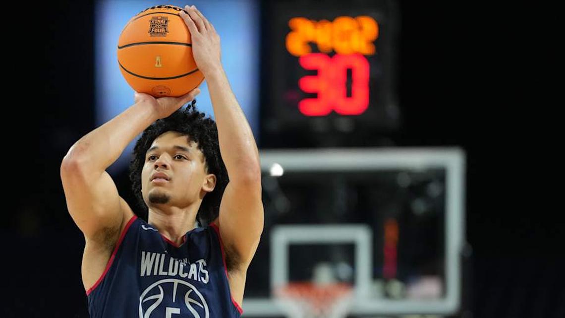  Apr 3, 2026; Indianapolis, IN, USA; Arizona Wildcats guard Brayden Burries (5) shoots the ball during a practice session ahead of the Final Four of the men's 2026 NCAA Tournament at Lucas Oil Stadium. Mandatory Credit: Bob Donnan-Imagn Images | Bob Donnan-Imagn Images 