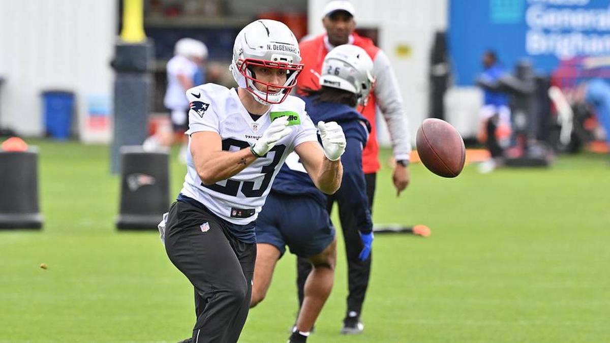  May 9, 2026; Foxborough, MA, USA; New England Patriots wide receiver Nick DeGennaro (23) catches the ball during the New England Patriots rookie camp at Gillette Stadium. Mandatory Credit: Eric Canha-Imagn Images | Eric Canha-Imagn Images 