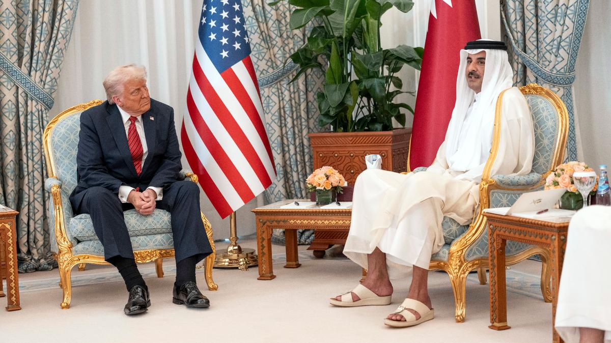 President Donald Trump meets with Emir Sheikh Tamim bin Hamad Al Thani in Doha, Qatar, on Wednesday, May 14, 2025. Trump arrived in Qatar on the second stop of a glitzy Middle East tour that has emphasized business deals and highligted his political and commercial interests in the wealthy Persian Gulf states. (Doug Mills/The New York Times)