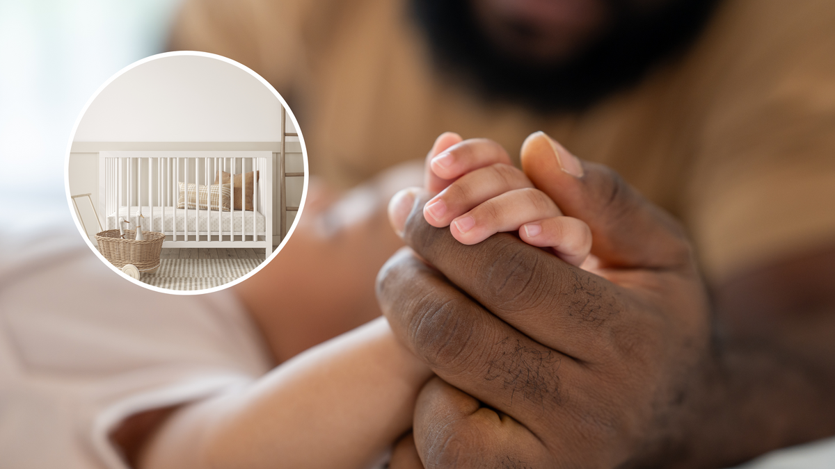 From left: A baby's cot in a nursery; and a man holding his baby's hand. 