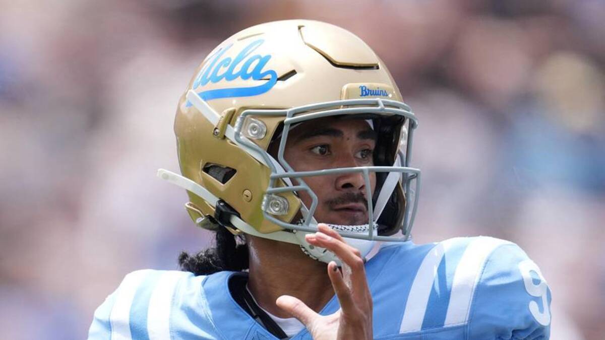  May 2, 2026; Pasadena, CA, USA; UCLA Bruins quarterback Nico Iamaleava (9) throws the ball during the spring game at Rose Bowl. Mandatory Credit: Kirby Lee-Imagn Images | Kirby Lee-Imagn Images 