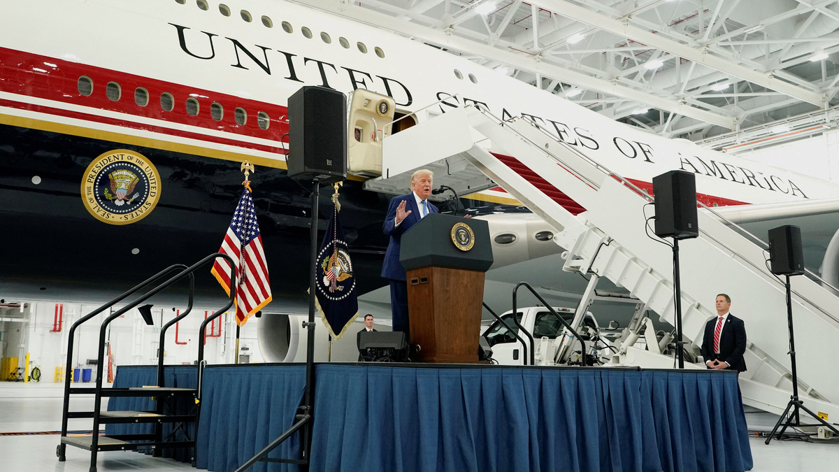 U.S. President Donald Trump delivers a speech as he stands in front of the VC-25B aircraft gifted by Qatar that will be used as Air Force One, at Joint Base Andrews, Maryland, U.S., June 19, 2026. REUTERS/Elizabeth Frantz