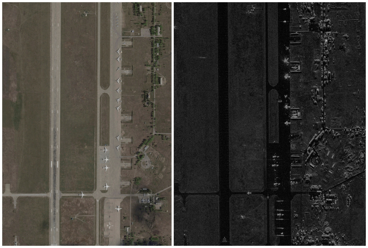 A combination picture shows satellite images of the Belaya airfield, before and after the Ukrainian drones attack targeting Russian military airfields, amid Russia's ongoing invasion of Ukraine, in Irkutsk region, Russia, May 17, 2025 on the left, and June 2, 2025 on the right. 2025 Planet Labs PBC (left) & Capella Space/Handout via REUTERS