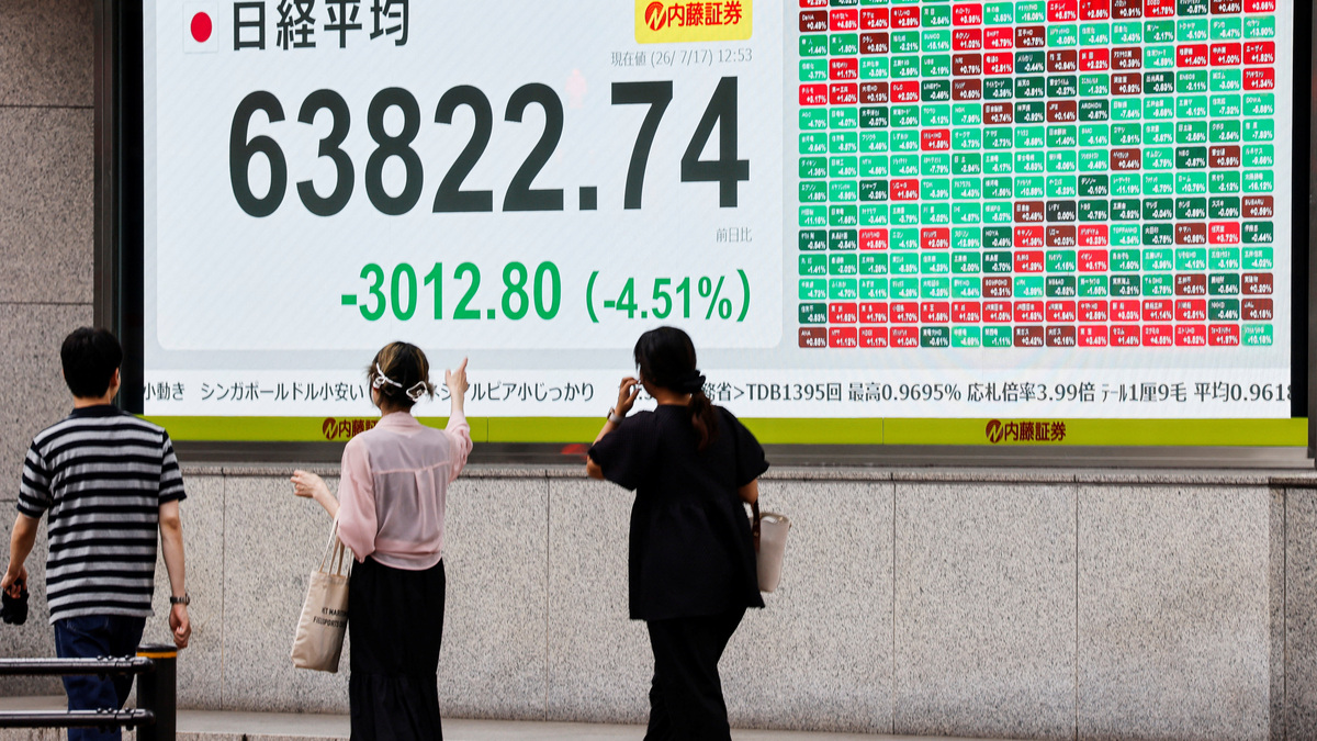 Pedestrians walk past a stock quotation board showing the Nikkei share average outside a brokerage in Tokyo, Japan, July 17, 2026. REUTERS/Manami Yamada