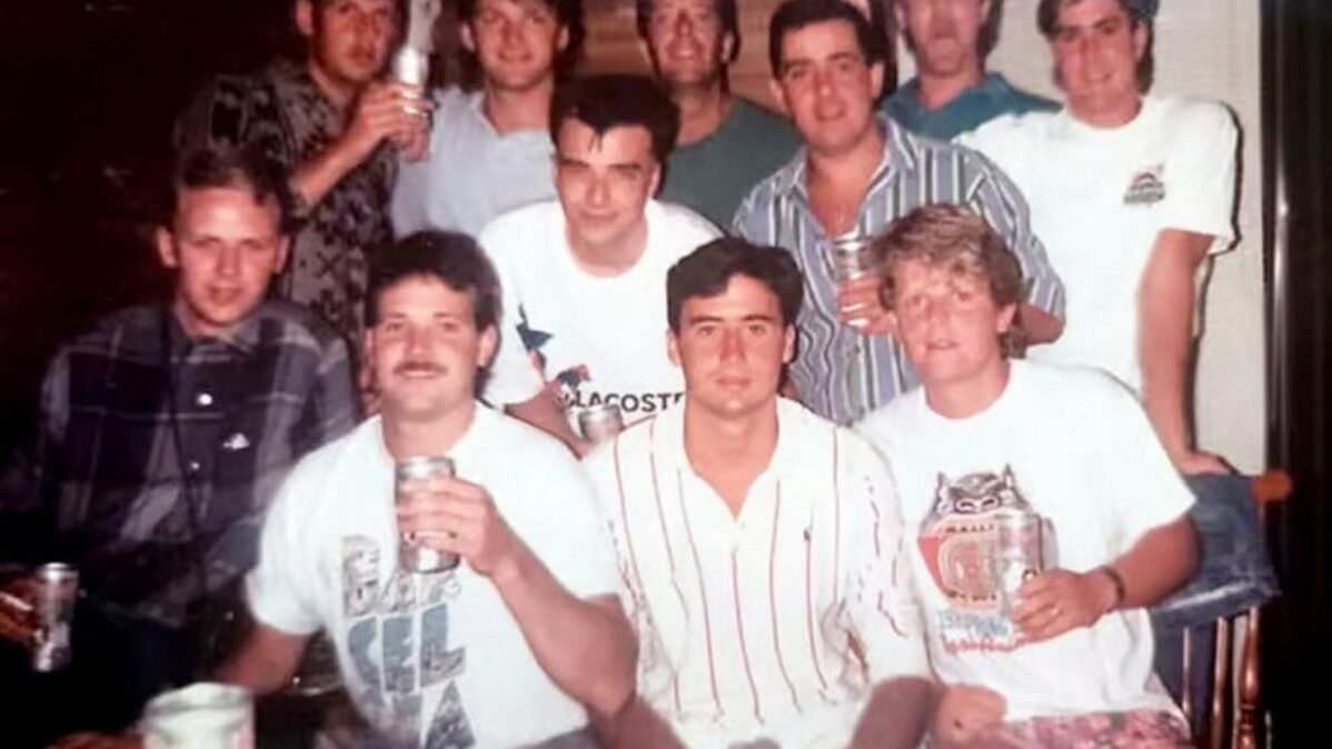 Back row, second from left, is Stuart Bates, aka Batesy; back row, far right in white T shirt, is Steve Dawson, aka Texas Steve, an American they met and befriended; middle row, right with striped shirt, is Gary Allen, aka Adder, who lives now in Atlanta and supplied the picture. (Gary Allen via SWNS). 