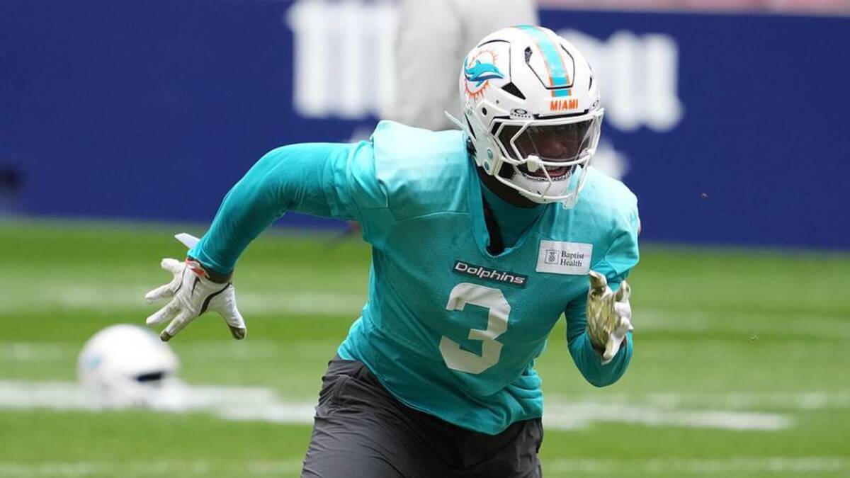  Nov 14, 2025; Madrid, Spain; Miami Dolphins linebacker K.J. Britt (3) during practice at Estadio Riyadh Air Metropolitano. Mandatory Credit: Kirby Lee-Imagn Images | Kirby Lee-Imagn Images 