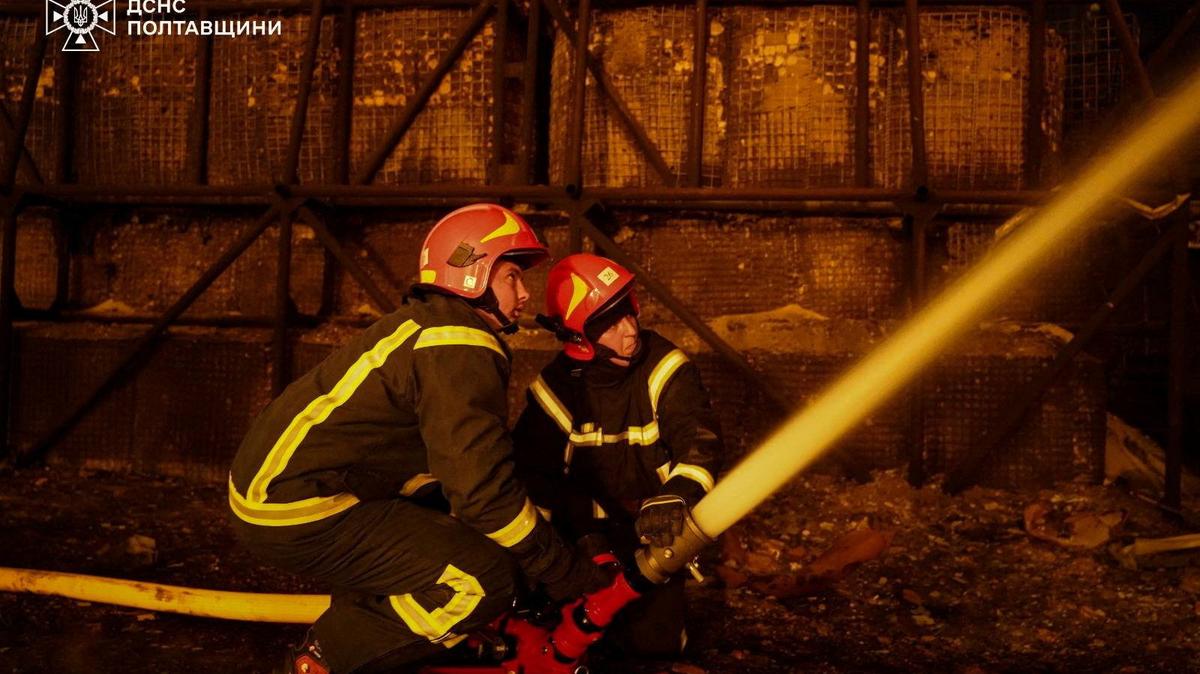 Firefighters work at the site of a natural gas production facility which was hit by Russian drone and missile strikes, amid Russia's attack on Ukraine, in Poltava region, Ukraine May 5, 2026. Press service of the State Emergency Service of Ukraine in Poltava region/Handout via REUTERS