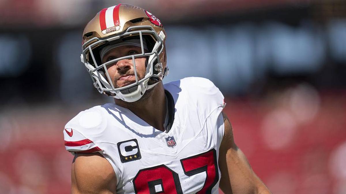  Sep 21, 2025; Santa Clara, California, USA; San Francisco 49ers defensive end Nick Bosa (97) on the field during warm ups prior to a game against the Arizona Cardinals during the first half at Levi's Stadium. Mandatory Credit: Cary Edmondson-Imagn Images | Cary Edmondson-Imagn Images 