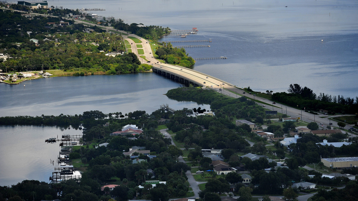 The mouth of the St. Sebastian River (left) is seen where it meets the Indian River Lagoon under the U.S. 1 bridge, linking Brevard (top) and Indian River counties.