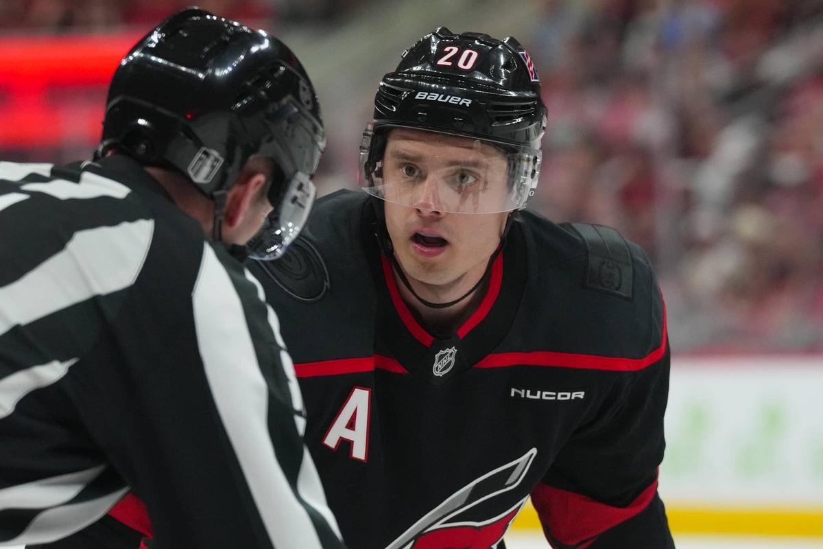  Carolina Hurricanes center Sebastian Aho looks at the linesman during game one of the first round of the 2026 Stanley Cup Playoffs at Lenovo Center. James Guillory-Imagn Images
