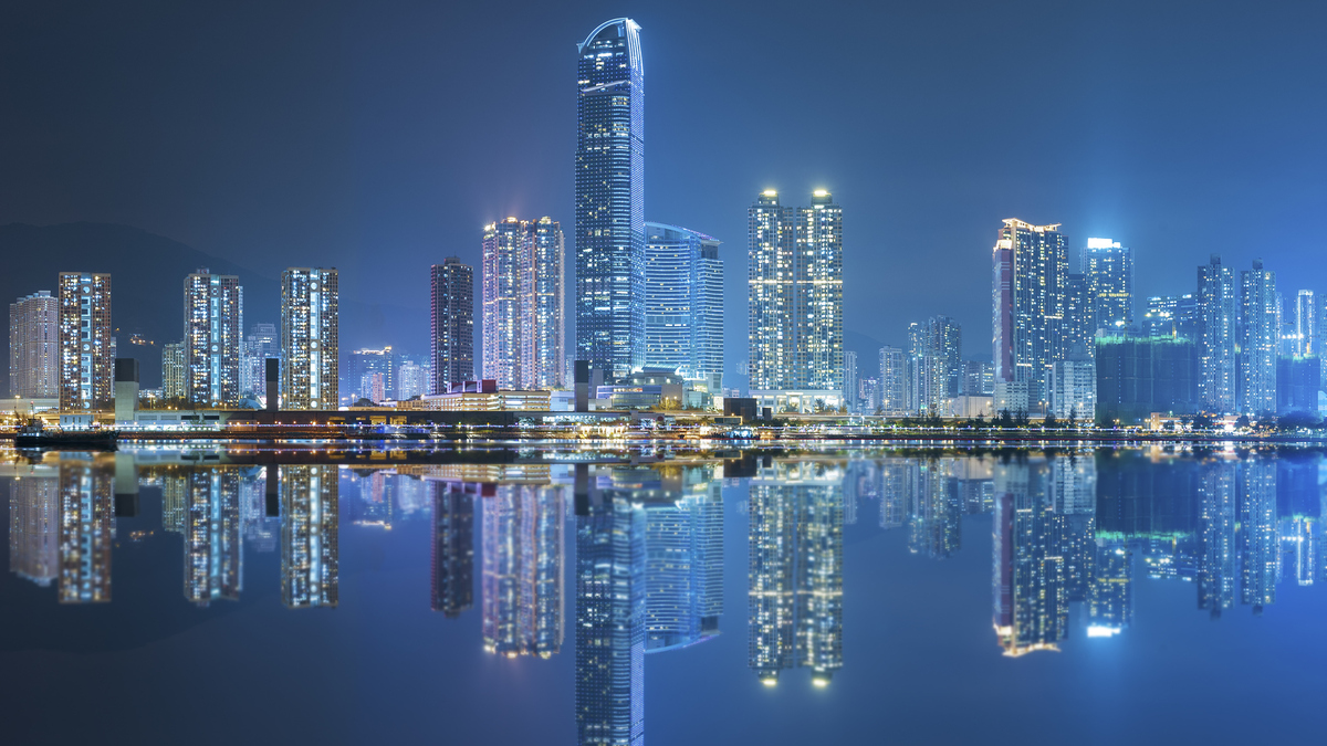 A panorama of the skyline of Hong Kong at night. 
