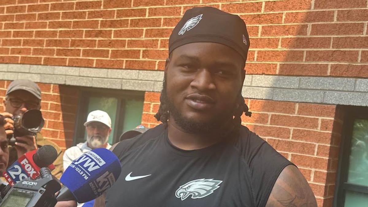  Eagles DT Jalen Carter speaks to reporters after an OTA practice on June 3, 2025. | John McMullen/Eagles On SI 