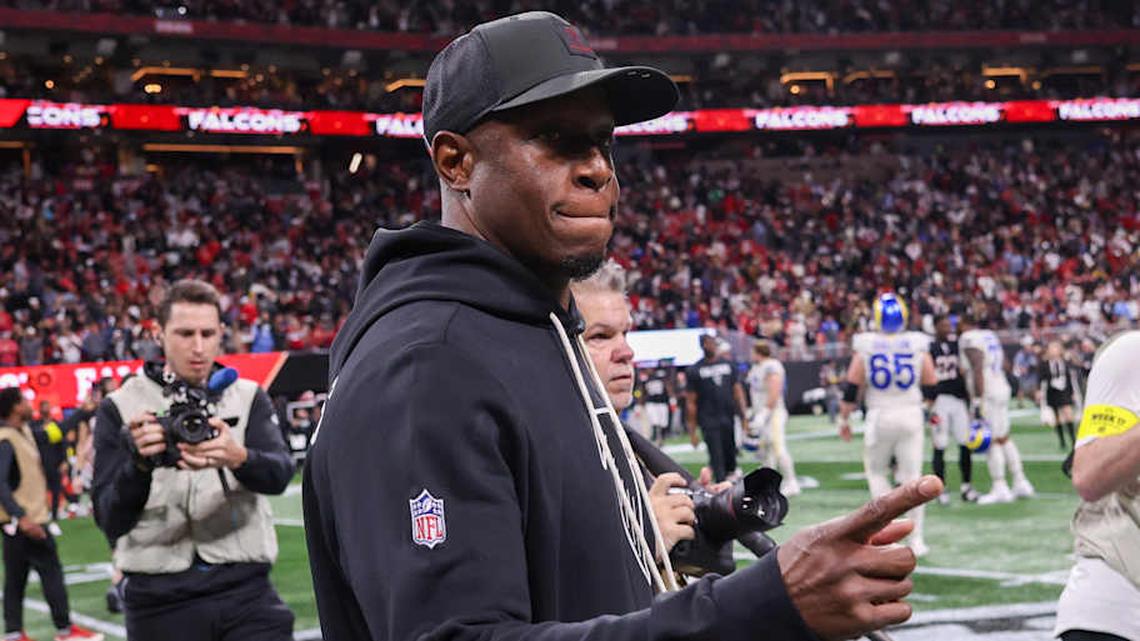 Dec 29, 2025; Atlanta, Georgia, USA; Atlanta Falcons head coach Raheem Morris celebrates after a victory over the Los Angeles Rams at Mercedes-Benz Stadium. Mandatory Credit: Brett Davis-Imagn Images | Brett Davis-Imagn Images 