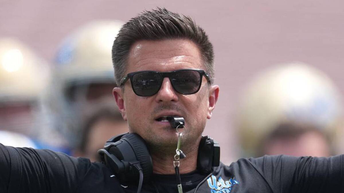  May 2, 2026; Pasadena, CA, USA; UCLA Bruins coach Bob Chesney reacts during the spring game at Rose Bowl. Mandatory Credit: Kirby Lee-Imagn Images | Kirby Lee-Imagn Images 