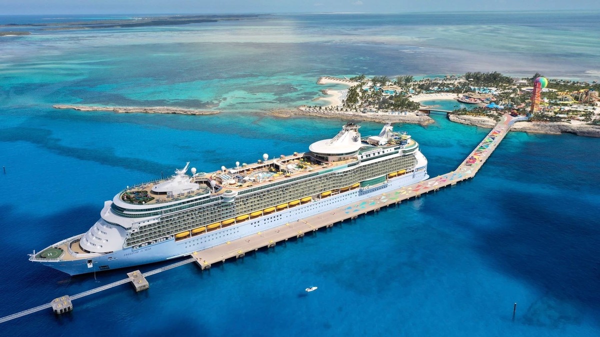 An aerial view of Royal Caribbean's Freedom of the Seas cruise ship docked at Perfect Day at CocoCay.
