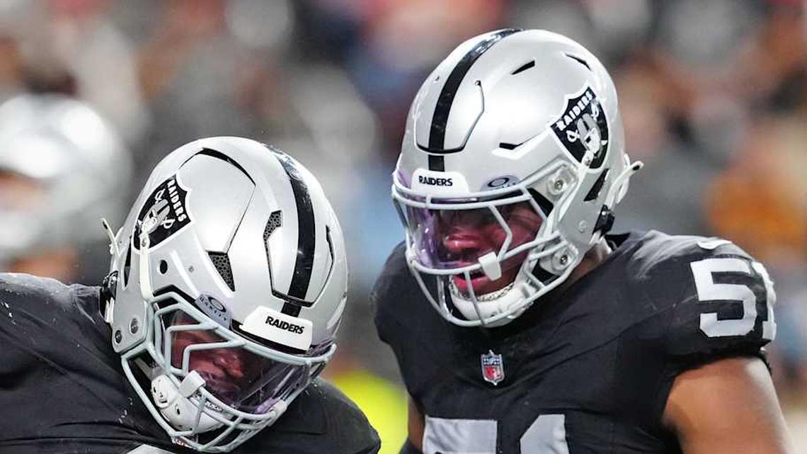  Jan 4, 2026; Paradise, Nevada, USA; Las Vegas Raiders defensive end Tyree Wilson (9) celebrates with Las Vegas Raiders defensive end Malcolm Koonce (51) after sacking Kansas City Chiefs quarterback Chris Oladokun (19) for a safety during the fourth quarter at Allegiant Stadium. Mandatory Credit: Stephen R. Sylvanie-Imagn Images | Stephen R. Sylvanie-Imagn Images 