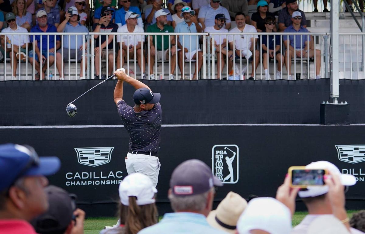  May 2, 2026; Miami, Florida, USA; Gary Woodland plays his tee shot on the first hole during the third round of the Cadillac Championship golf tournament. Mandatory Credit: Jeff Romance-Imagn Images 