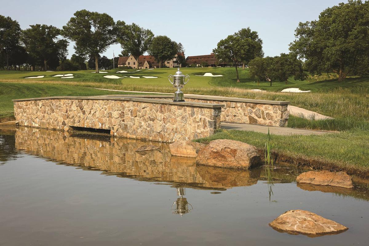  The Wanamaker trophy is seen on the 17th hole at Aronimink Golf Club in Newtown Square, Pennsylvania, on June 2, 2025. Scott Taetsch/PGA of America via Getty Images