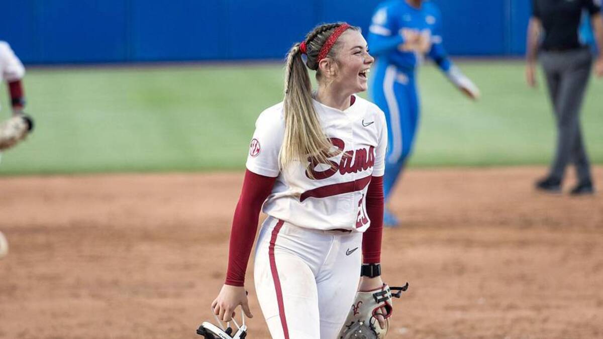  May 28, 2026; Oklahoma City, OK, USA; Alabama Crimson Tide starting pitcher Jocelyn Briski (23) smiles after her team defeated the UCLA Bruins during the NCAA Women's College World Series at Devon Park. | Brett Rojo-Imagn Images 