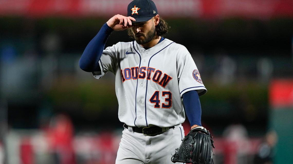 Houston Astros starting pitcher Lance McCullers Jr. leaves the game during the fifth inning in Game 3 of baseball’s World Series between the Houston Astros and the Philadelphia Phillies on Tuesday, Nov. 1, 2022, in Philadelphia. (AP Photo/Matt Slocum)