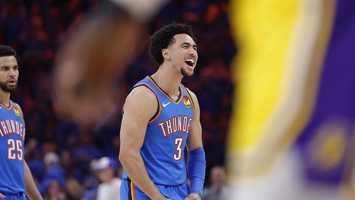  Thunder guard Jared McCain celebrates after a play against the Lakers. | Alonzo Adams-Imagn Images 