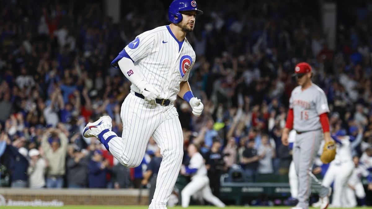 
                 May 4, 2026; Chicago, Illinois, USA; Chicago Cubs right fielder Michael Conforto (20) rounds the bases after hitting a game winning solo home run against the Cincinnati Reds during the ninth inning at Wrigley Field. Mandatory Credit: Kamil Krzaczynski-Imagn Images 
              
