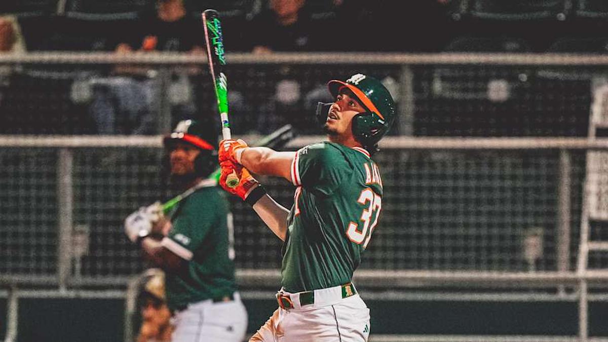  Miami freshman catcher Alonzo Alverez with his first home run of the season against Indiana State | Miami Hurricanes Athletics 