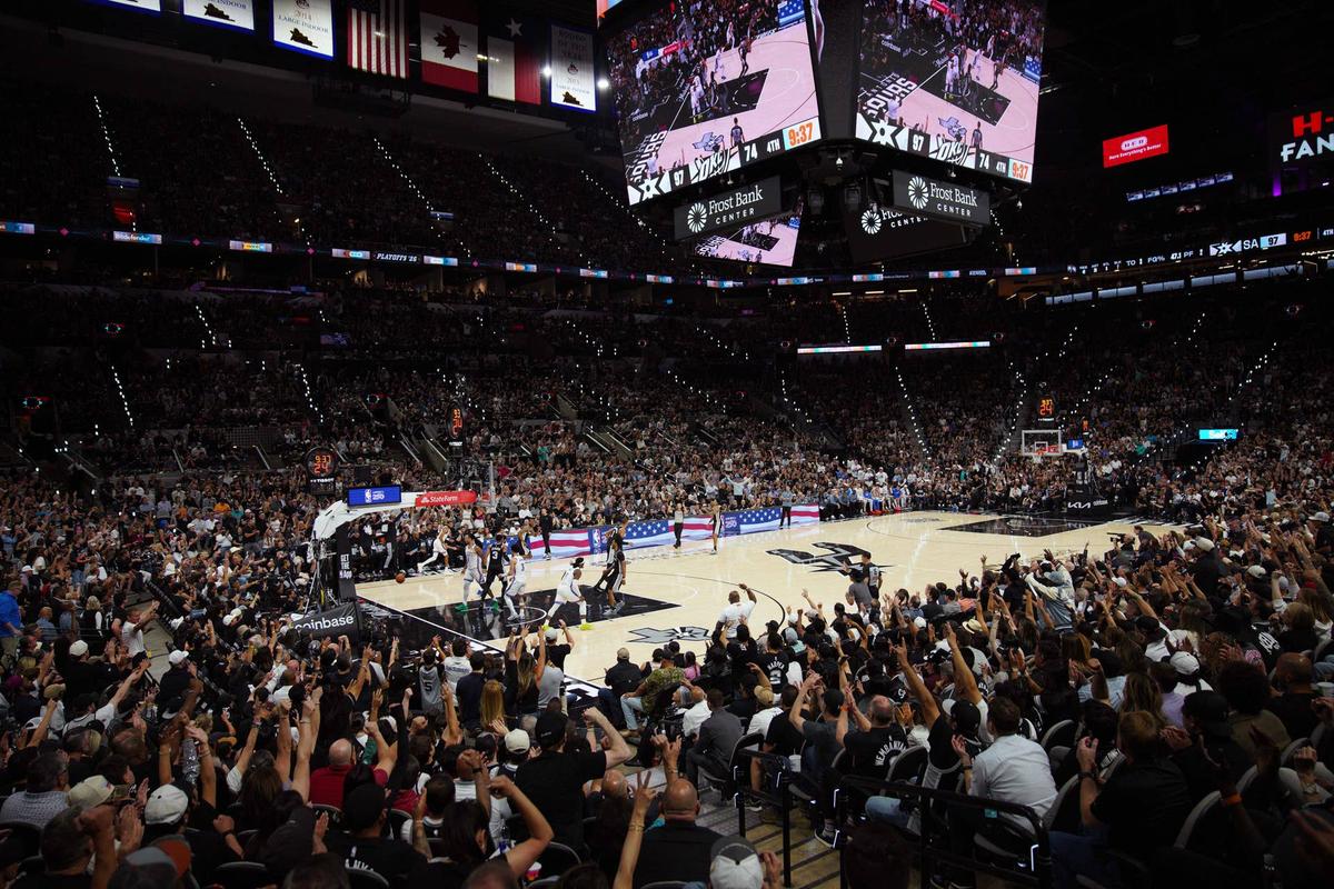  May 28, 2026; San Antonio, Texas, USA; San Antonio Spurs fans react to a three point basket by forward Harrison Barnes (40) against against Oklahoma City Thunder during game six of the western conference finals for the 2026 NBA playoffs at Frost Bank Center. Mandatory Credit: Dustin Safranek-Imagn Images 