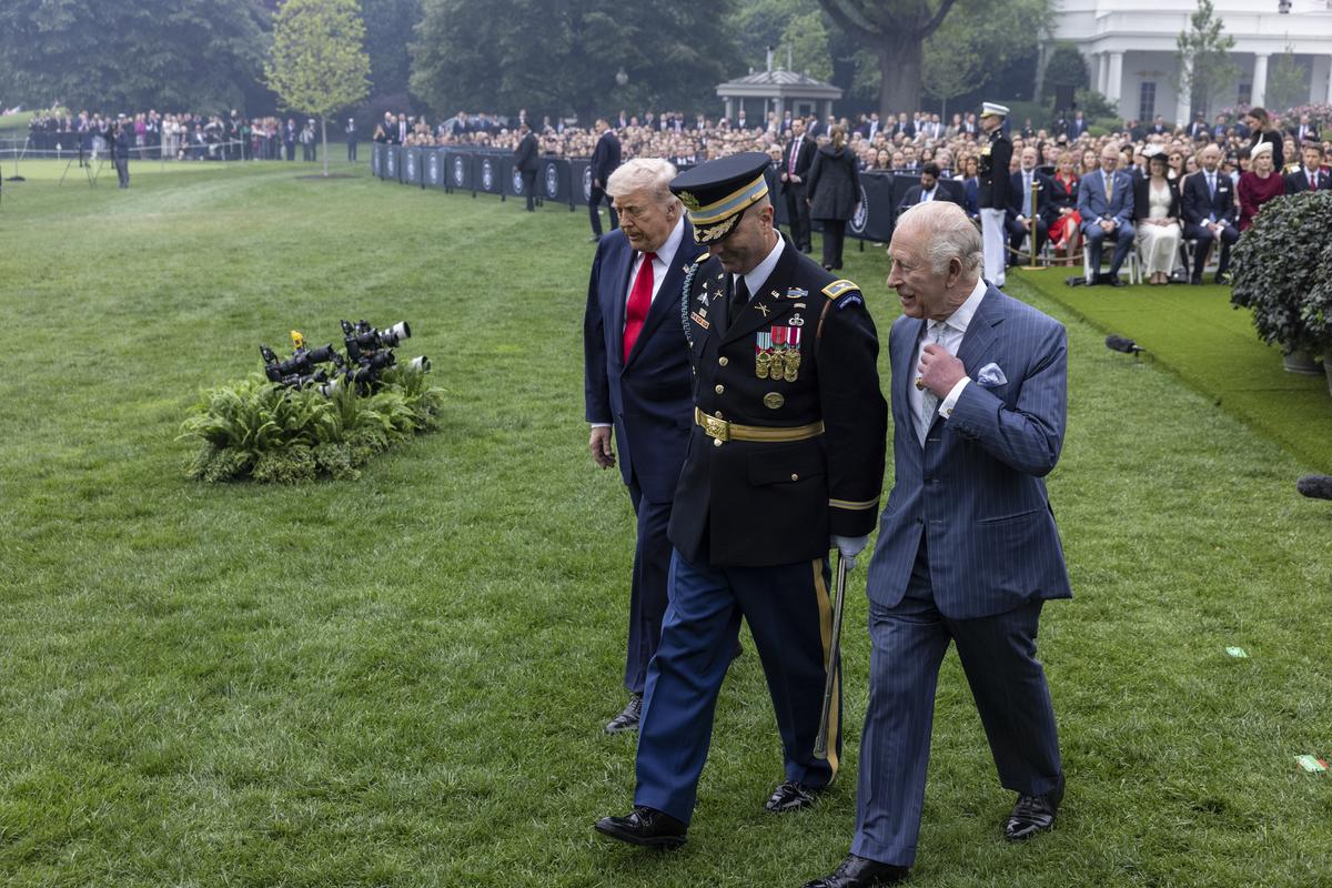 President Donald Trump, left, and King Charles III participate in a review of U.S. members of the military during an arrival ceremony on the South Lawn of the White House in Washington, on Tuesday, April 28, 2026. (Anna Rose Layden/The New York Times)