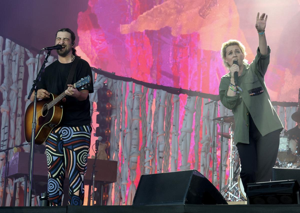 Noah Kahan performs with Brandi Carlile at the Glastonbury Festival in 2025.Getty
