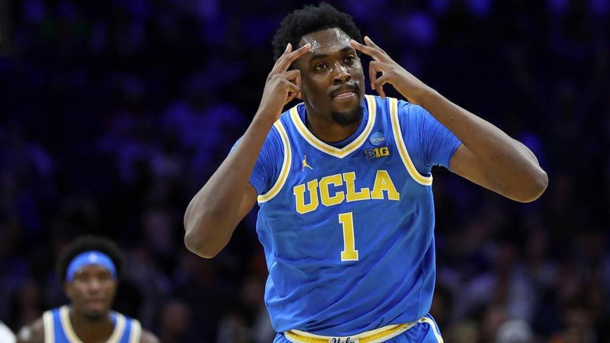  Mar 22, 2026; Philadelphia, PA, USA; UCLA Bruins center Xavier Booker (1) reacts against the UConn Huskies in the first half during a second round game of the men's 2026 NCAA Tournament at Xfinity Mobile Arena. Mandatory Credit: Bill Streicher-Imagn Images | Bill Streicher-Imagn Images 
