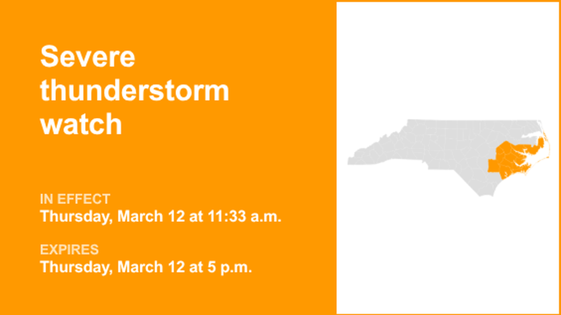 UPDATE: Severe thunderstorm watch for Eastern North Carolina early Thursday evening 