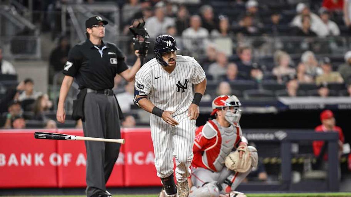  New York Yankees center fielder Trent Grisham (12) runs the bases after hitting a three run home run against the Los Angeles Angels during the fifth inning at Yankee Stadium. | John Jones-Imagn Images 