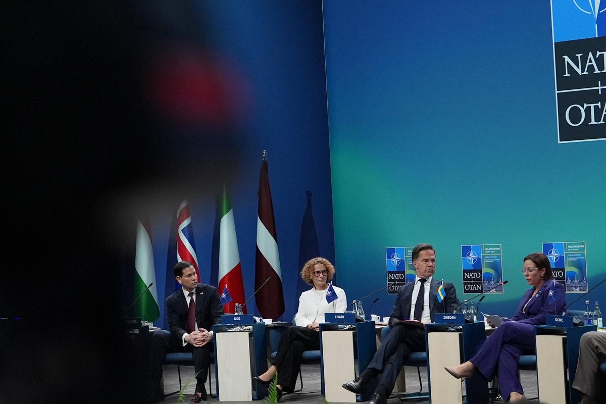 From left, United States Secretary of State Marco Rubio, NATO Deputy Secretary General Radmila Shekerinska, NATO Secretary General Mark Rutte and Sweden’s Foreign Minister Maria Malmer Stenergard attend a meeting of the North Atlantic Council in NATO foreign ministers format in Helsingborg, Sweden, Friday, May 22, 2026. Julia Demaree Nikhinson/Pool via REUTERS