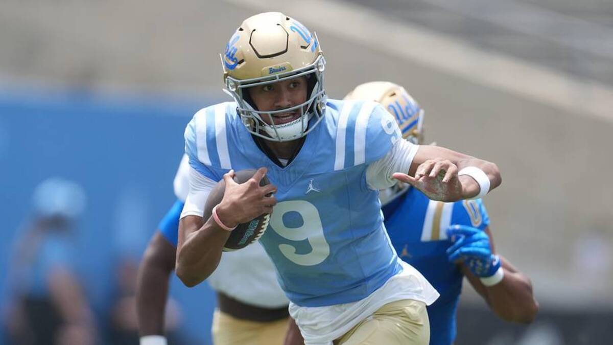  May 2, 2026; Pasadena, CA, USA; UCLA Bruins quarterback Nico Iamaleava (9) carries the ball during the spring game at Rose Bowl. Mandatory Credit: Kirby Lee-Imagn Images | Kirby Lee-Imagn Images 