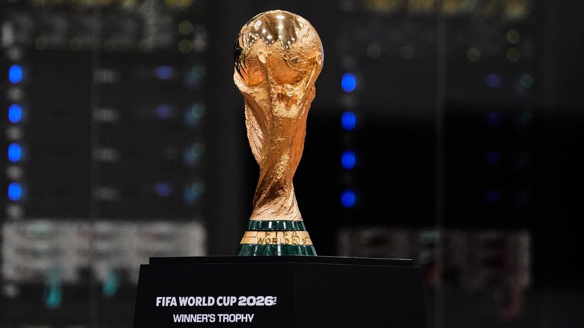 WCup IBC Dallas Soccer. The FIFA World Cup soccer trophy is displayed during the opening ceremony of the International Broadcast Center, Monday, June 1, 2026, in Dallas