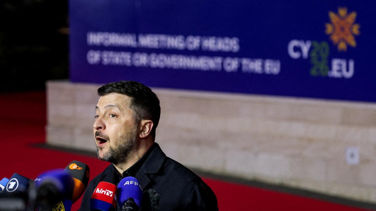 FILE PHOTO: Ukraine's President Volodymyr Zelenskiy speaks to the media as he arrives to attend an informal European leaders' summit in Ayia Napa, Cyprus April 23, 2026. REUTERS/Yves Herman/File Photo
