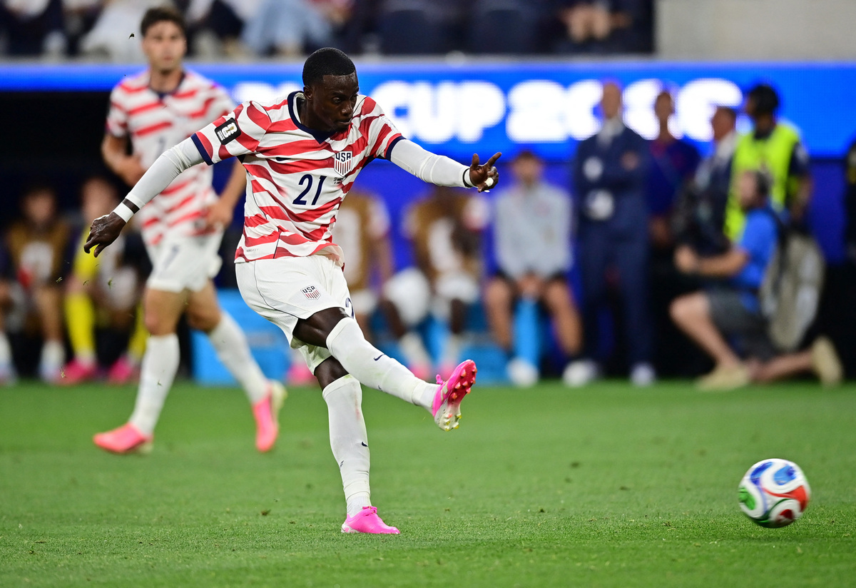 Soccer Football - FIFA World Cup 2026 - Group D - United States v Paraguay - Los Angeles Stadium, Inglewood, California, U.S. - June 12, 2026 Timothy Weah of the U.S. shoots at goal IMAGN IMAGES via Reuters/Gary Vasquez