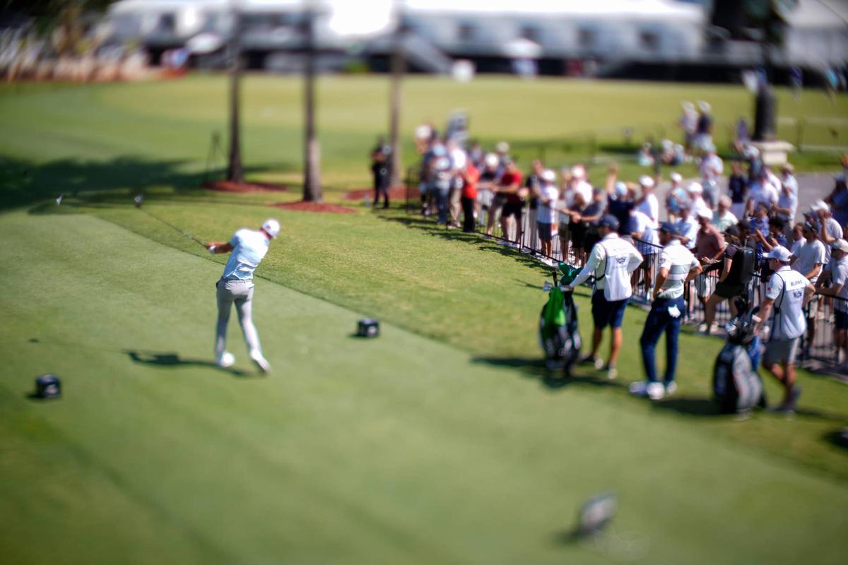  May 1, 2026; Miami, Florida, USA; Sam Burns plays his tee shot on the first hole during the second round of the Cadillac Championship golf tournament. Mandatory Credit: Jeff Romance-Imagn Images 