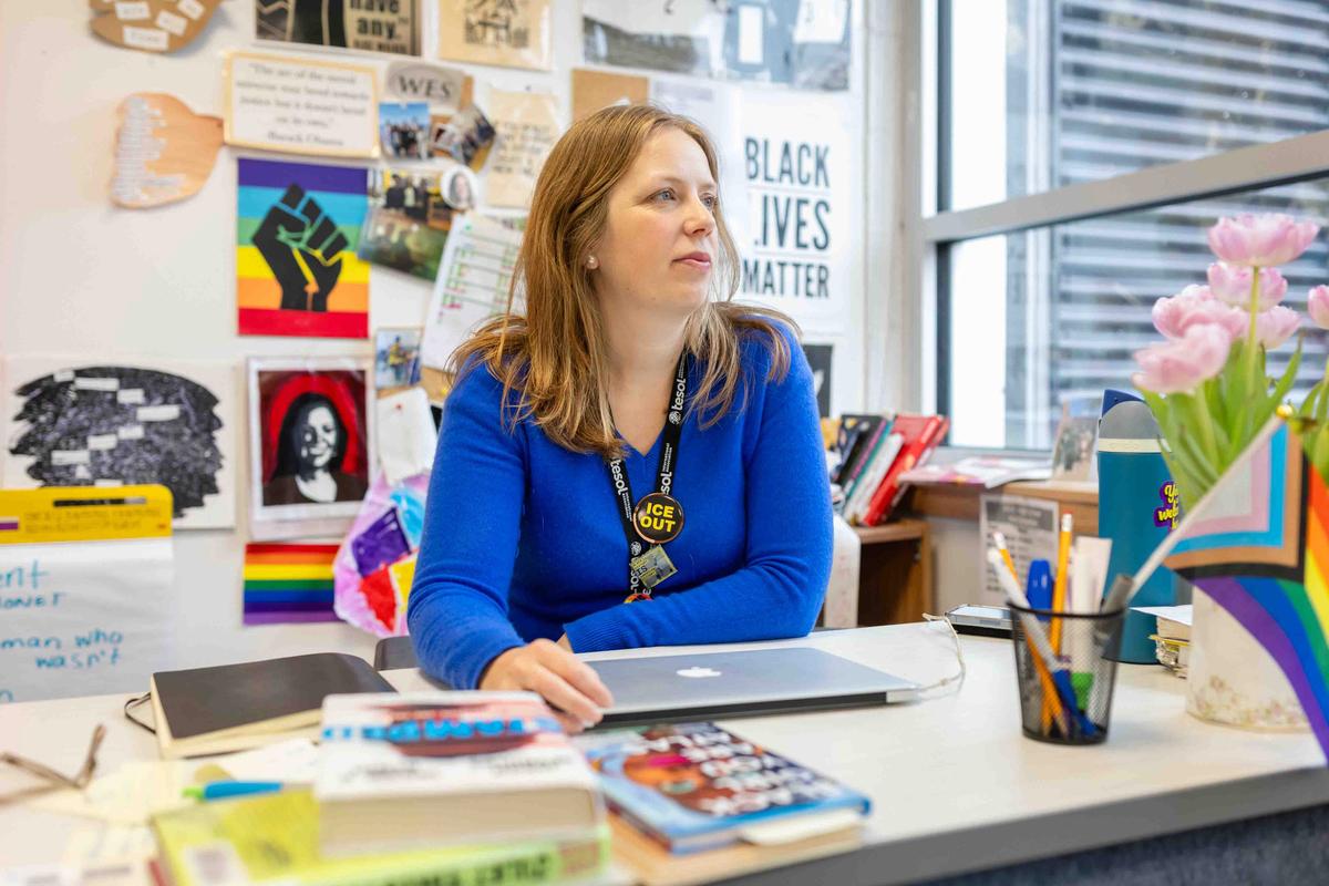  Caitlin MaCleod-Bluver, Vermont's statewide teacher of the year in 2025, serves on the Winooski School District's team of rapid response volunteers who help out when students or their families are dealing with immigration enforcement. Credit: Oliver Parini for The Hechinger Report