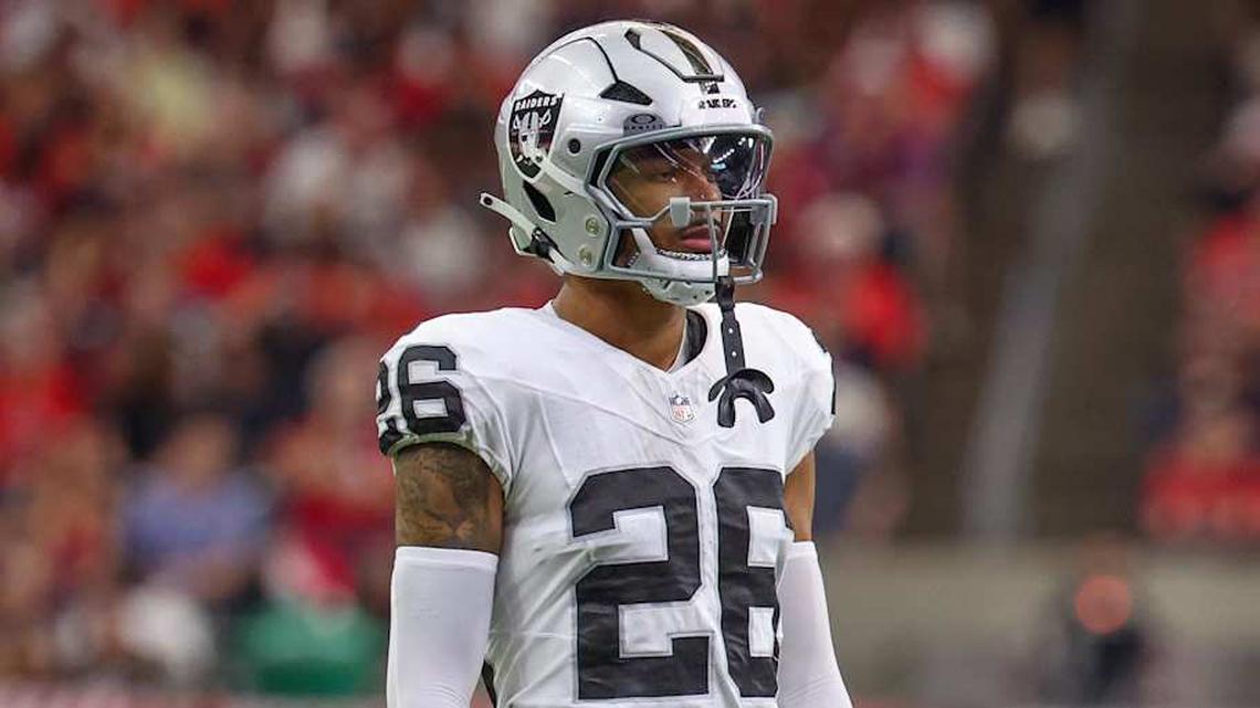  Dec 21, 2025; Houston, Texas, USA; Las Vegas Raiders cornerback Darien Porter (26) during a television timeout against the Houston Texans in the first quarter at NRG Stadium. Mandatory Credit: Thomas Shea-Imagn Images | Thomas Shea-Imagn Images 